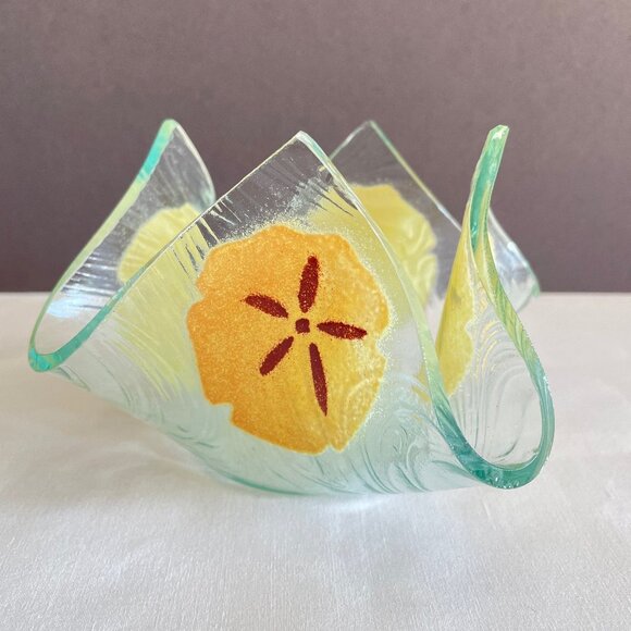 Hand Blown Glass Sand Dollar Design Candle Tealight Holder Painted Beach Coastal - Picture 4 of 7